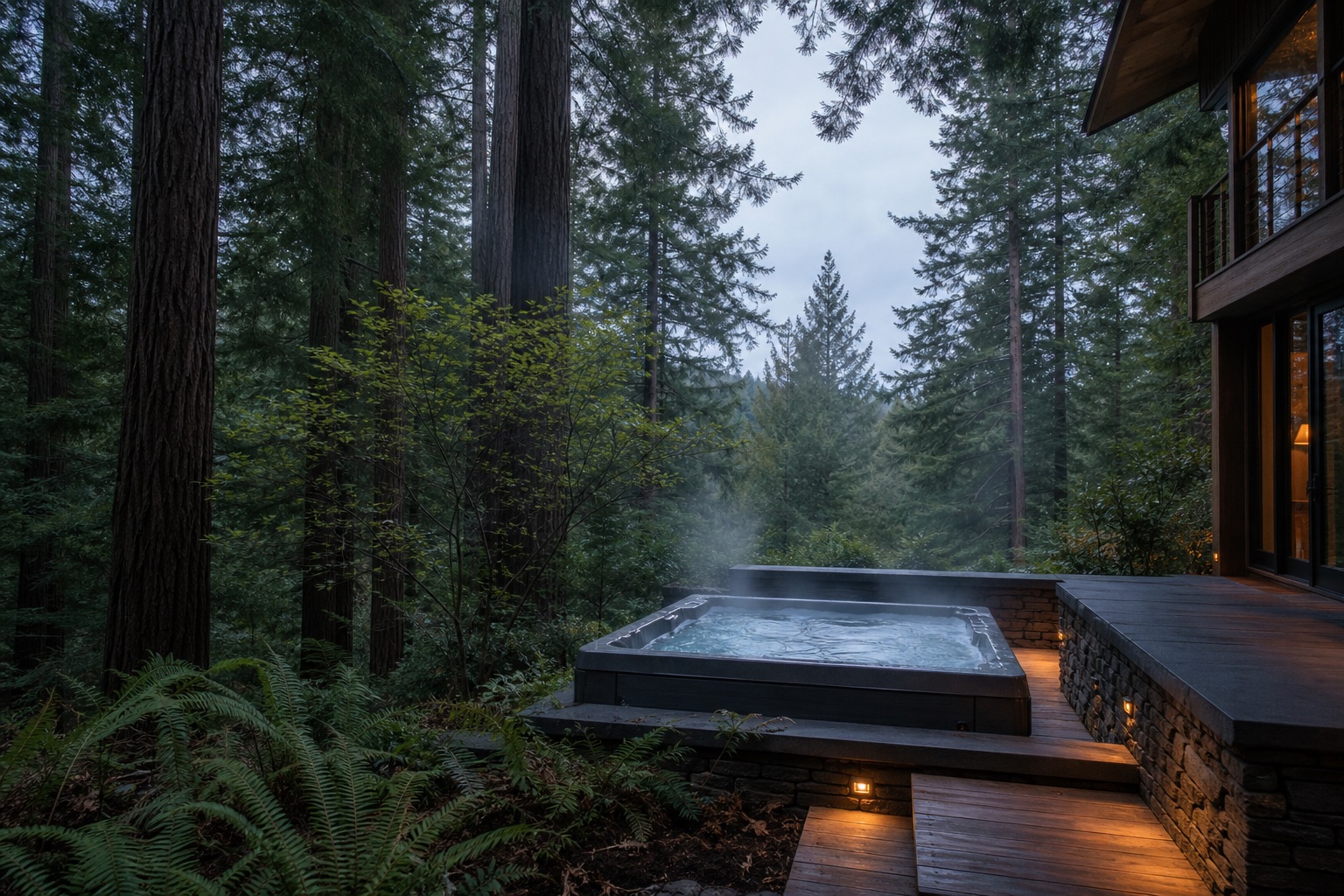 Private hot tub terrace among West Sonoma County redwoods
