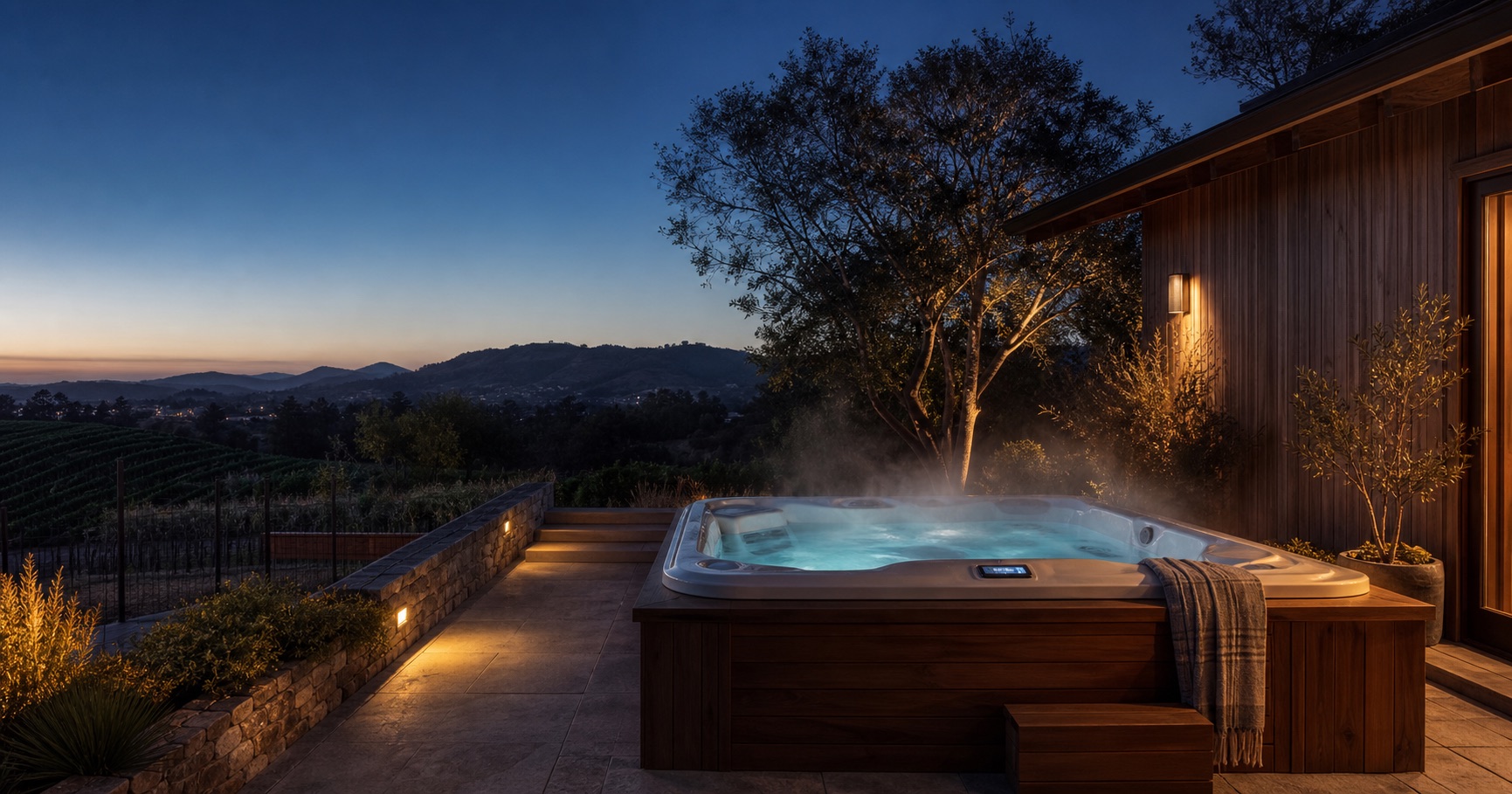 Private hot tub overlooking Sonoma County hills at blue hour