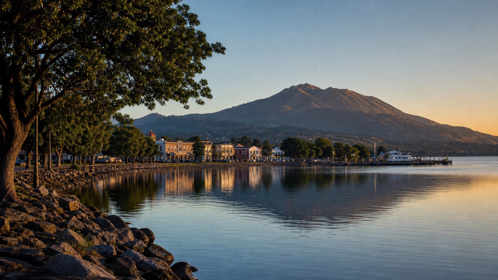 Lakeport waterfront, Clear Lake and Mount Konocti at dawn