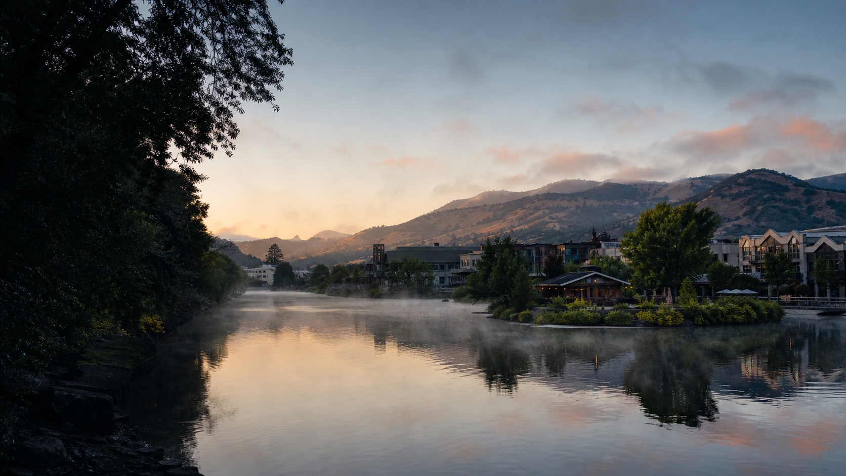 Napa riverfront and Napa Valley hills in cool morning light