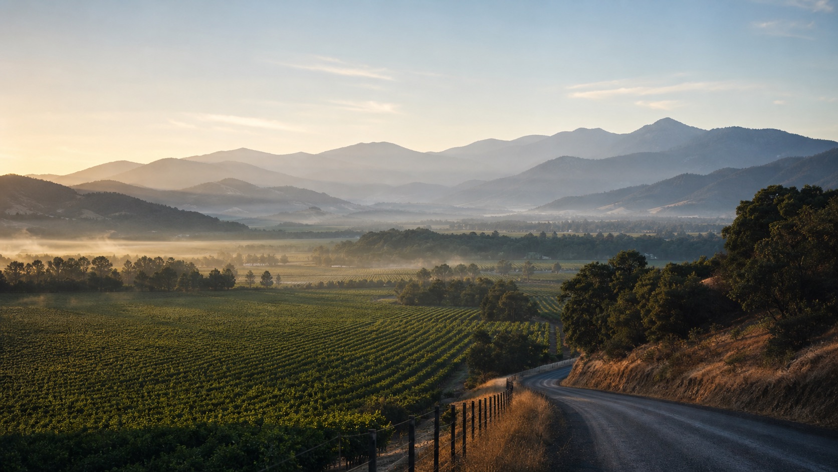 Napa Valley vineyard rows and mountain ranges at dawn