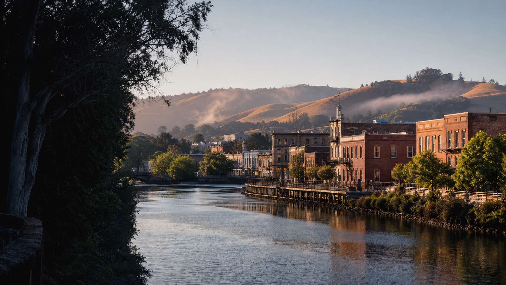 Petaluma River, historic downtown waterfront and surrounding hills