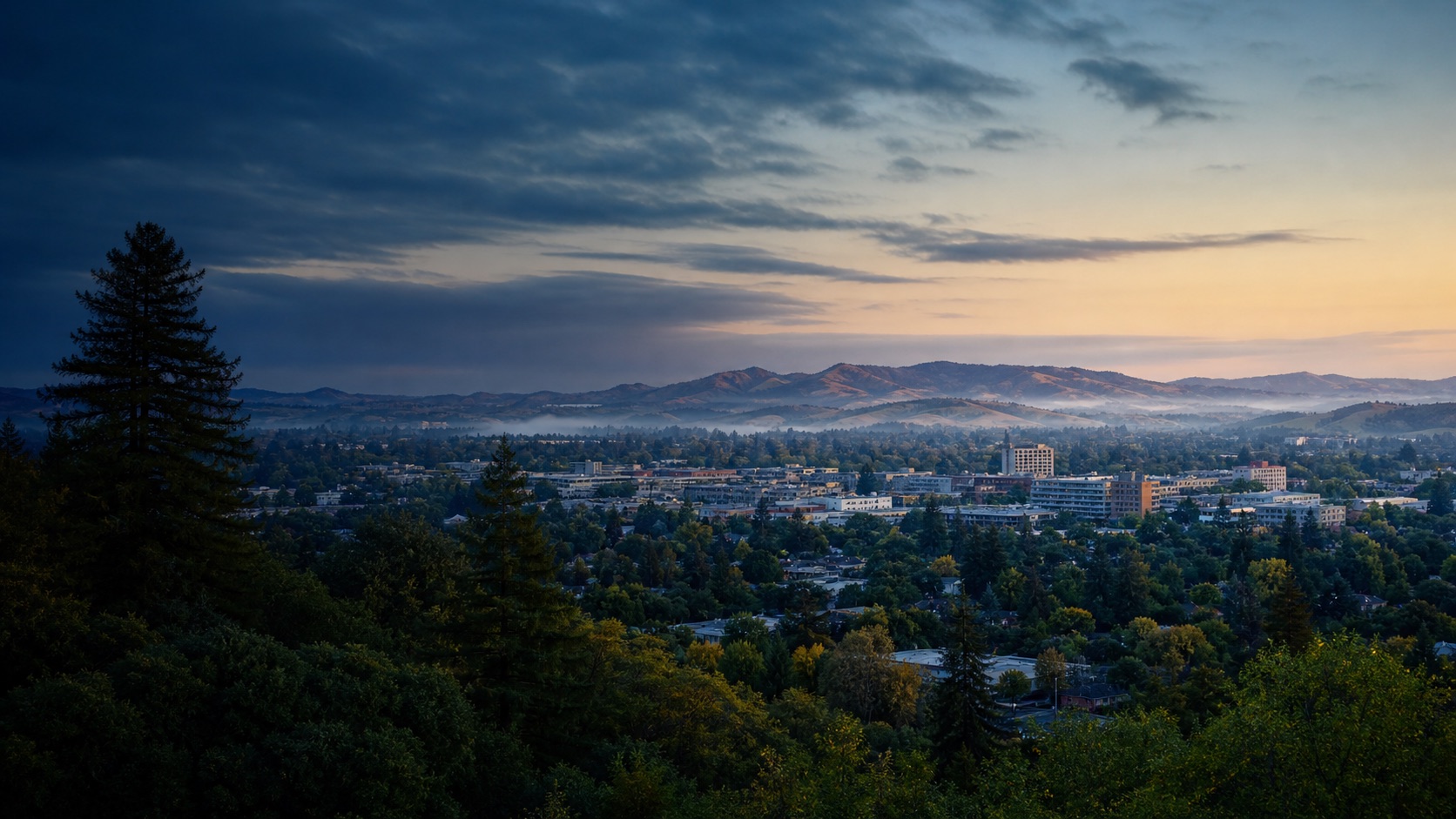 Santa Rosa urban valley and surrounding Sonoma County hills at dawn