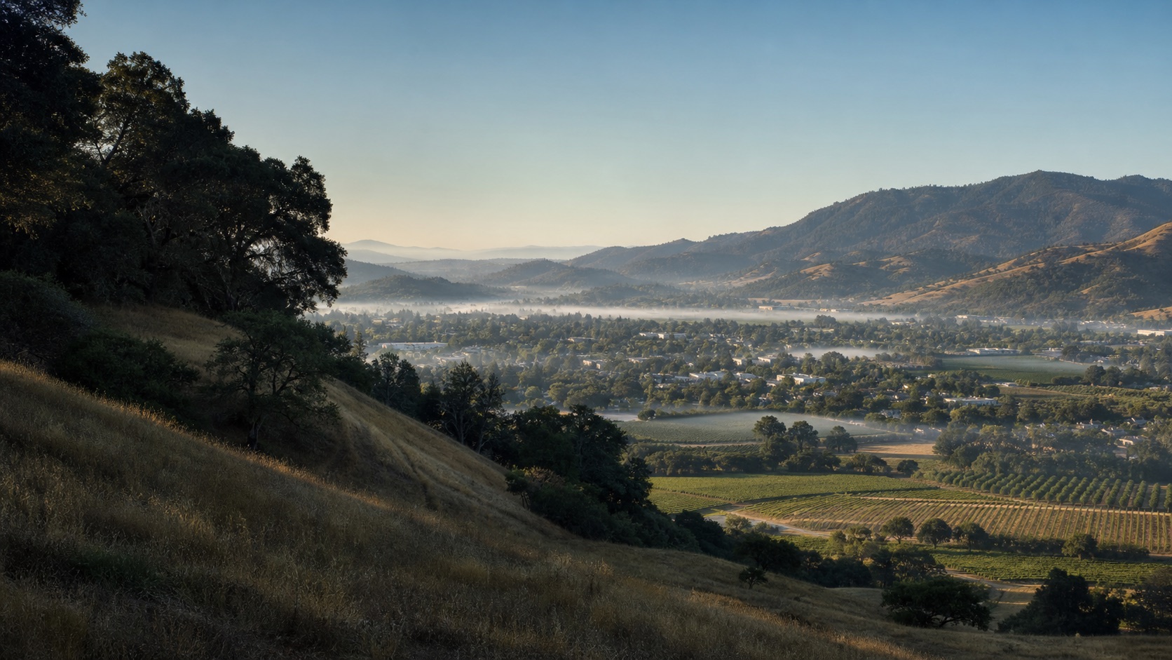 Ukiah Valley farms, vineyards, oak hills and the city edge