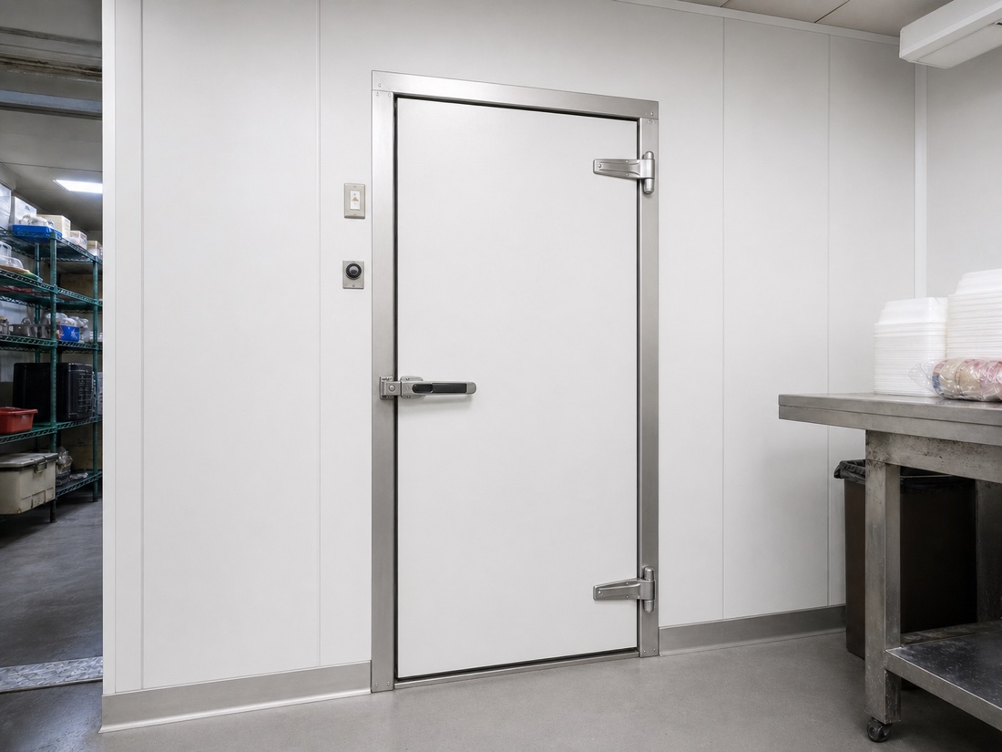 Illustrative rebuilt walk-in freezer with new insulated panels, commercial door and sealed floor edge